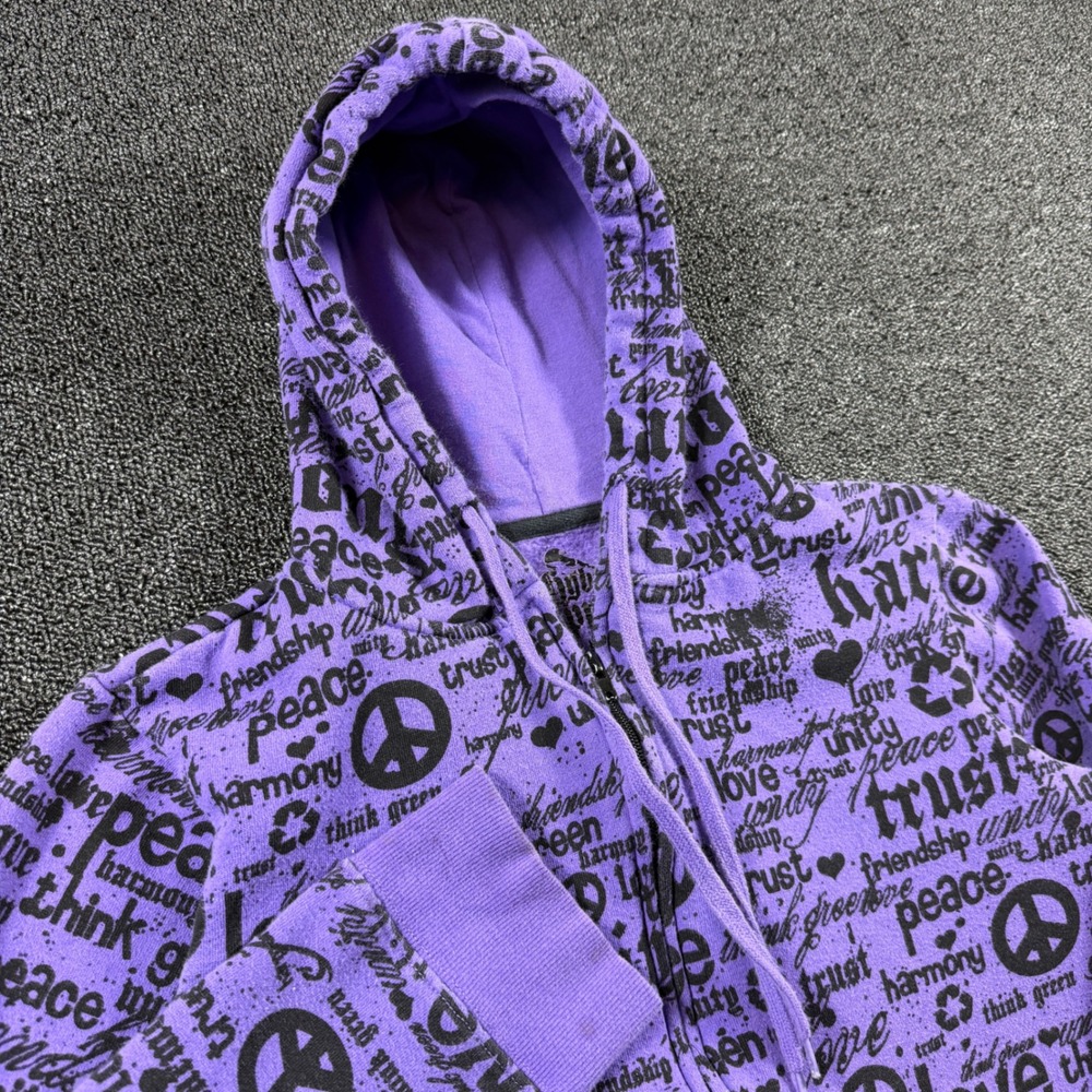 Hybrid Apparel Peace Harmony Love Full Zip Hoodie Women L AOP Graphic Purple Y2K